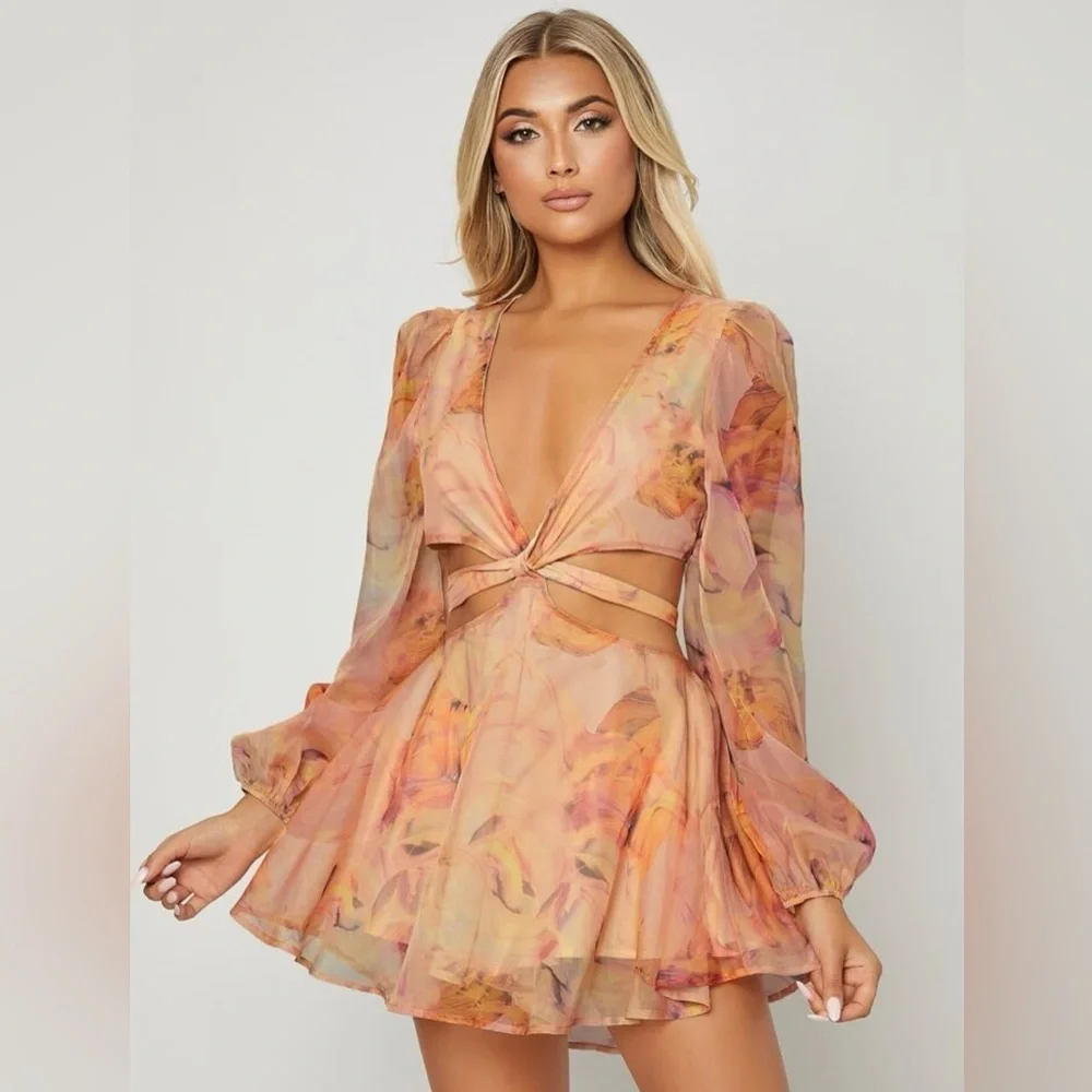 SHEIN X KAREN BARRERA VCAY Lantern Sleeve Knot Cutout Waist Chiffon Romper.XS. - Picture 2 of 7